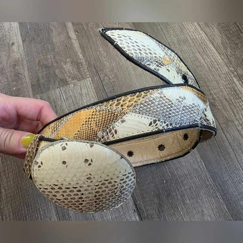 Artisan White and Brown Snakeskin Leather Belt with Oval Buckle